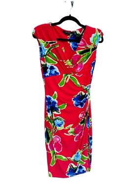 Ralph Lauren Red Floral Midi Dress with Blue & Green Accents